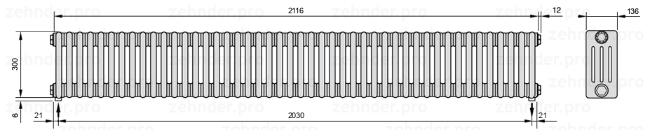 Схема (чертеж) Радиатор Zehnder Charleston 4030/46 №3570 Белый глянцевый RAL 9016
